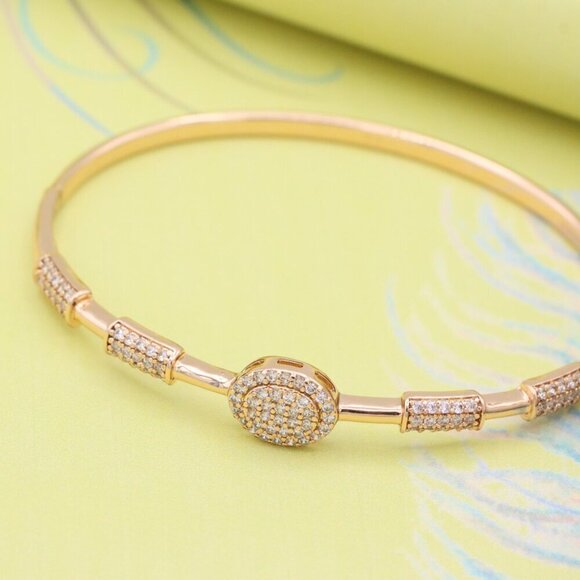 Rose Gold Bangle with Oval CZ Center and Textured Segments, XPBL0597 - Picture 4 of 12